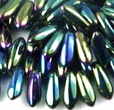 50 Czech Glass Dagger Beads Coated - Iris - Green 3x10mm Small • $4.99