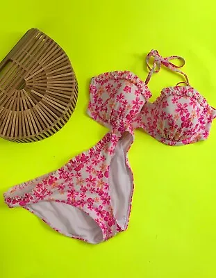 Frilly Pink Floral Strapless Halteneck Bikini Set 34D/34DD & 10 Bottoms • £18