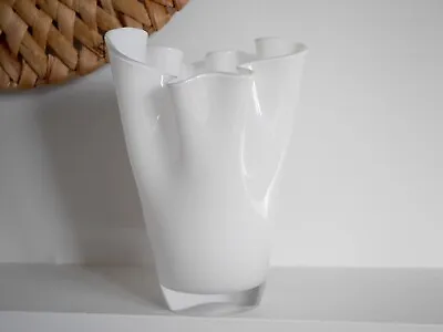 White Art Glass Frill Flower Vase Ruffled Edge Handkerchief Italian Murano Style • £29