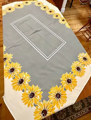 Vintage Cotton Printed Tablecloth 52 X62  Black Eyed Susan Florals On Gray • $12.50