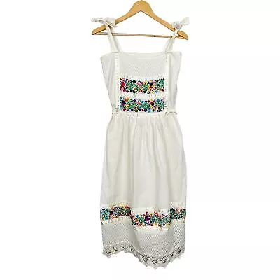 Vintage Hand Embroidered Mexican Floral Boho White Prairie Hippie Midi Dress • $35