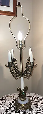 Vtg Ornate Victorian Bronze Marble 4 Arm WAX Candelabra/ Table Lamp W/Cherub 33” • $72