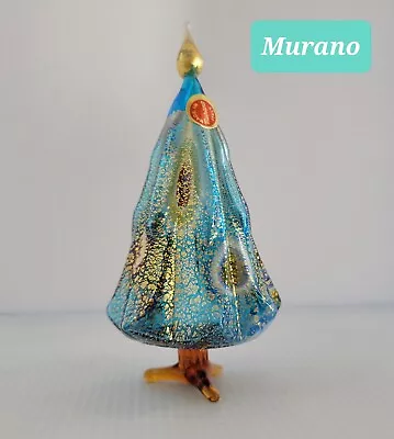 New Original Label ~ Murano Blue Gold Christmas Tree Figurine Island Art Glass • $78