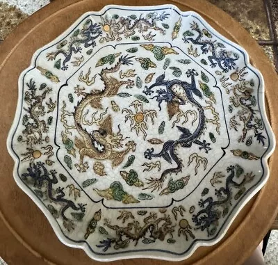 Vintage Chineese Porcelain Crackle Glaze Gold Cobalt  Dragons Plate 8”D Signed • $28