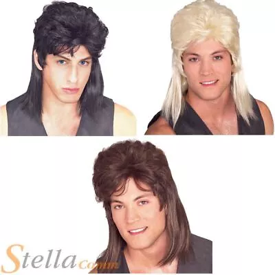 £12.49 • Buy Deluxe Mullet 1980s Hillbilly Fancy Dress Costume Wigs - Black Brown & Blonde