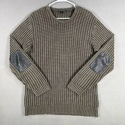 John Varvatos Sweater Men Large Brown Green Knit Linen Blend Leather Elbow Patch • $49.88