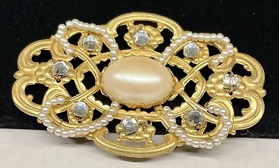 Miriam Haskell Signed 2-1/2  Brooch Rare Vintage Gilt Rhinestone Pin A49 • $63.75