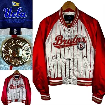 UCLA BRUINS Small Satin Bomber Jacket Logos Pockets Gold Snap Buttons White Coat • $45