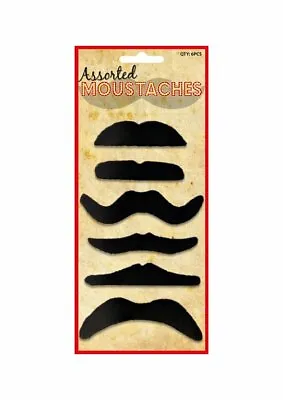 6 Black Adhesive Moustaches Kids Adults Fake Joke Facial Hair Fancy Dress Party • £2.49