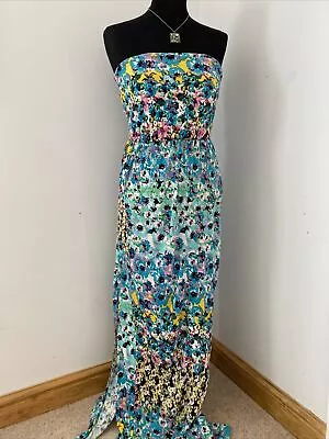Miss Selfridge UK 8 Floral Strapless Maxi Dress Turquoise Blue Side Split  • $9.93