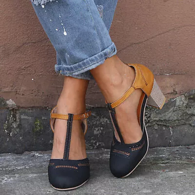 Ladies T-Strap Mary Janes Block High Heels Closed Toe Summer Sandals Buckle • $34.17