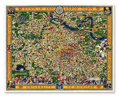 Large Wall Map Of The UNIVERSITY Of MICHIGAN Downtown Guide Circa 1923 - 24 X30  • $24.97