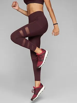 Athleta Slash Stealth 7/8 Tight Mesh Panels Leggings Burgundy Womens S Small • £26.99