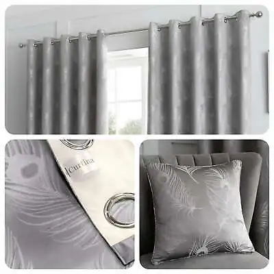 Curtina FEATHER Silver Metallic Jacquard Woven Eyelet Curtains & Cushions • £11.95
