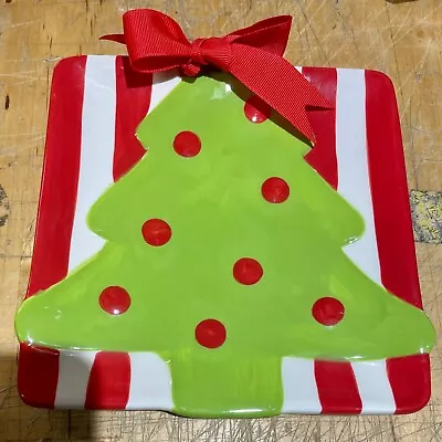 Mud Pie Square Christmas Tree Dessert Plate Red Bow Stripes Holiday Season Santa • $7.99