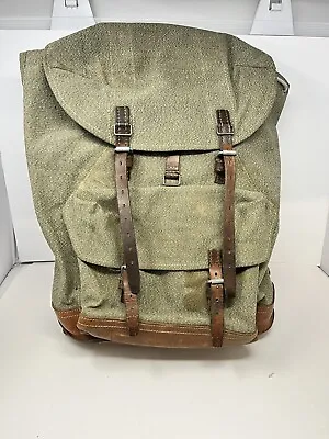 Vintage Swiss Army Military Mountain Backpack Leather Canvas Salt & Pepper 1967 • $139