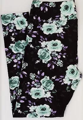 OS LuLaRoe One Size Leggings Roses Teal Green Purple On Black NWT R28 • $12.90