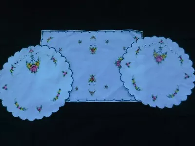 Vintage Embroidered Dresser Set Two Round Doilies And A Rectangle Scarf • $9.99