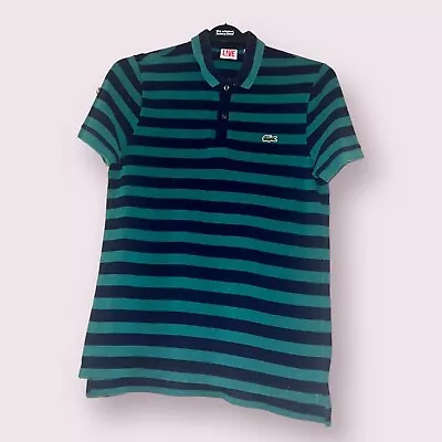 Mens LACOSTE LIVE Polo Shirt Size L  Green And Blue Stripes • £12.50