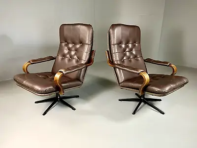 EB5801 Pair Vintage Danish Brown Leather Swivel Chairs MCM Retro  MSWI • £475
