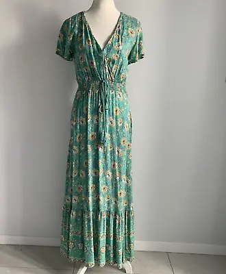 GRACE & CO Women's Dress Size 8 Green Floral Print Short Sleeved Gypsy Maxi • $24.95