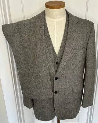 Vintage Stafford Gray & Black Herringbone 3-Piece Suit Size 44R See Measurements • $149.95