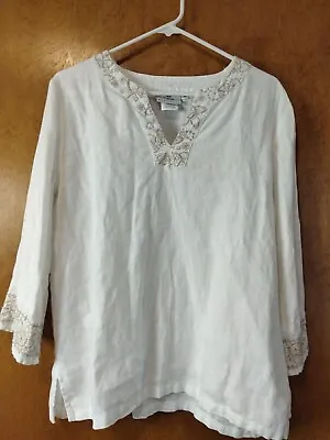 HOT COTTON Marc Ware 100% Linen 3/4 Slv M Shirt Top/Tunic White Lace Embroidery  • $24