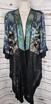 Violet Kay Mixed Media Kimono Jacket M Lace Sheer Hi Low Silk Burnout Jacquard • $50.99