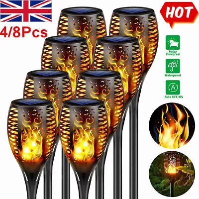 8x Flame Effect Solar Lights Outdoor Garden Stake Ornament Flickering Torch Lamp • £13.90