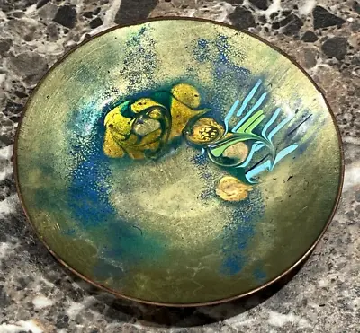 (F140) Vtg Mid Century Enamel On Copper Abstract Art Dish Signed 4” Blue Gold • $14.95