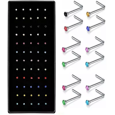 $6.90 • Buy 60pcs Nose Studs Zirconia Gem L Steel Ring Bar Body Piercing Jewellery Pin Bulk