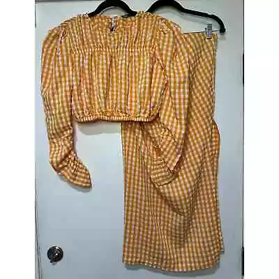 Zara Women's 2 Piece Set Top Skirt Orange Vichy Gingham Checkered Side Medium • $48.95