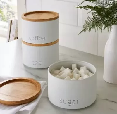 Stackable Tea Coffee Sugar Storage Jars 3Pk Round Food Canisters Ceramic Great • £23.99