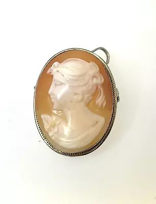 Vintage Carved Shell Cameo Silver Gilt Setting Brooch Pendant 4.6g 27.3mm X 21mm • £45