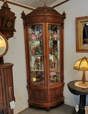 Antique Carved Oak Corner China Curio Cabinet – Curved Beveled Glass • $12500