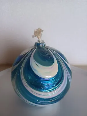 The Original Mt. St. Helens Ash Glass OIL LAMP Iridescent Blue Hand Blown  • $35.99