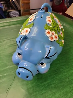 1976 Universal Statuary Corp Piggy Bank Blue With Flowers • $90