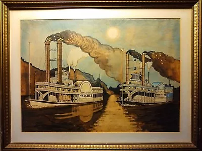 RARE! Watercolor The Great Mississippi Steamboat Race 1870 Natchez Lee Vintage. • $379