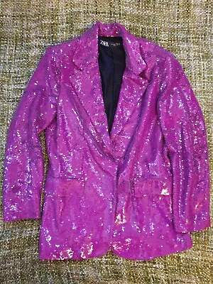 💜 Zara Purple Oversized Sequin Party Blazer Jacket UK S/M/L Bloggers Fave New  • $101.05