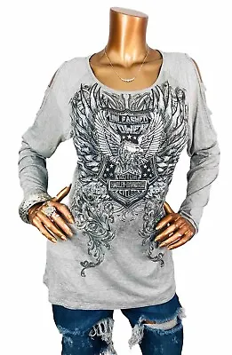 Harley Davidson 1XL Top Stretch NWT $59 Logo Front Studded Cut Out Soft Blouse • $28.99
