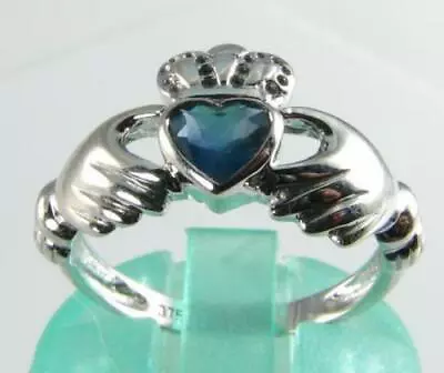 9k 9ct White Gold Blue Sapphire Irish Claddagh Art Deco Ins Ring Free Resize • $444