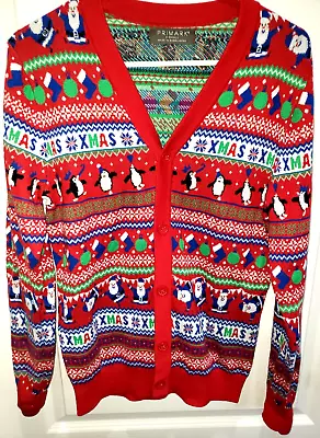 MENS NEW CHRISTMAS SWEATER CARDIGAN Size SMALL SANTA DOING FLIPS! BUTTONS RED • $7.96