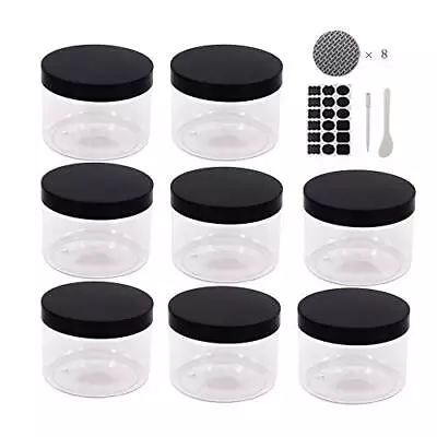 12 Pack 8 OZ Clear Plastic Jars With Black Lids A Spatula A Pen & Labels - ... • $25.66