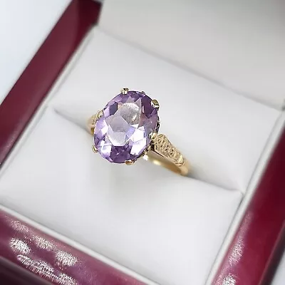 9ct Solid Yellow Gold Natural Amethyst Ring  Oval Cut Patterned Shank Size N • £95