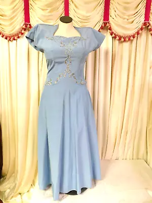 Vintage BARBARA CLAIRE OF CAL.  Blue Drop Waist Beaded Dress 33  Waist • $48