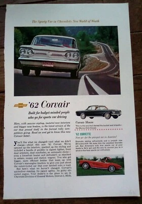 $7 • Buy 1962 Chevrolet Corvair Monza Coupe Corvette 327 V8 Sports Car Color Print Ad 