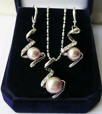 Natural Purple Akoya Cultured  Pearl Pendant Necklace + Earrings Set AAA+ • $8.95