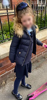 Lili Gaufrette Girls Navy Blue Padded Puffer Down Coat Real Fur Hood School 6 • £60