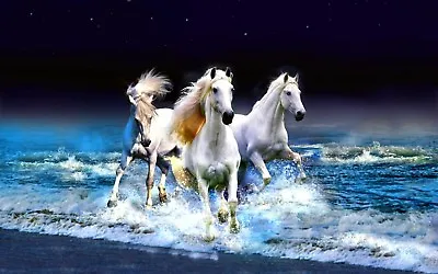 Running White Horses Canvas Picture Poster Print Unframed • £7.95