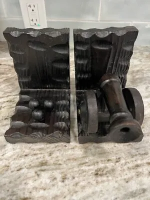 Vintage 60s Medieval Pirate Cannon Balls Bookends Wood Carved Spanish Rustic • $50